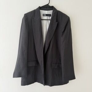 ZARA Gray Linen Single Breasted Women's L Blazer Notch Long Sleeve Lined Minimal